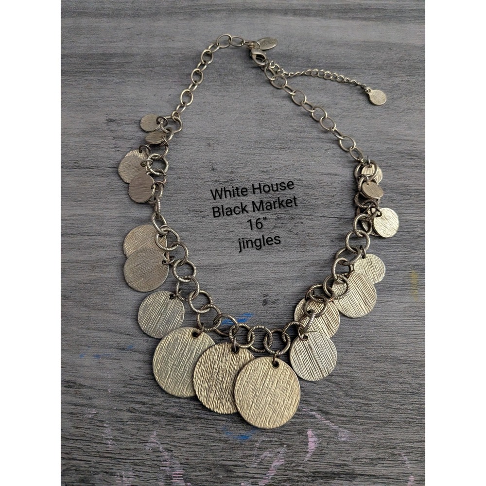 White House Black Market Gold Tone Textured Coin Jingle Statement Necklace 16in